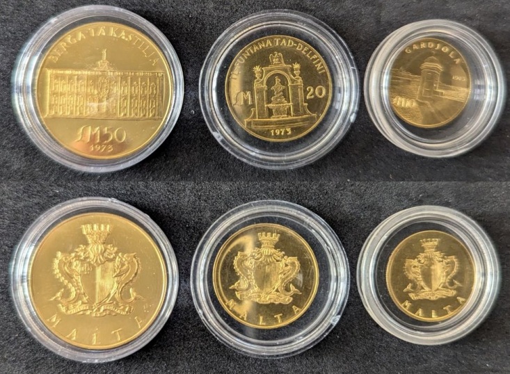 Malta 3 Gold coin set, Lm 50, LM20, Lm10, 1973