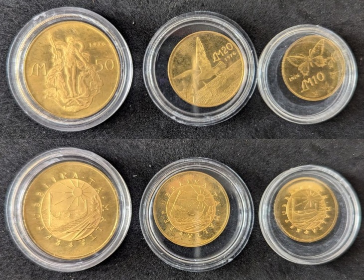 Malta 3 Gold coin set, Lm 50, LM20, Lm10, 1976