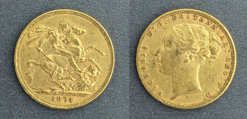 QV  Young Head Gold Sovereign, 1874