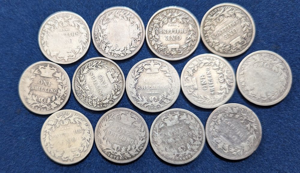 QV shillings, 13, assorted