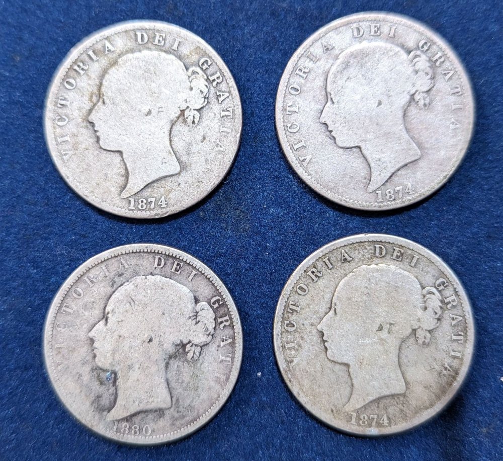 QV half crowns: 1874 (3) and 1880 (1)