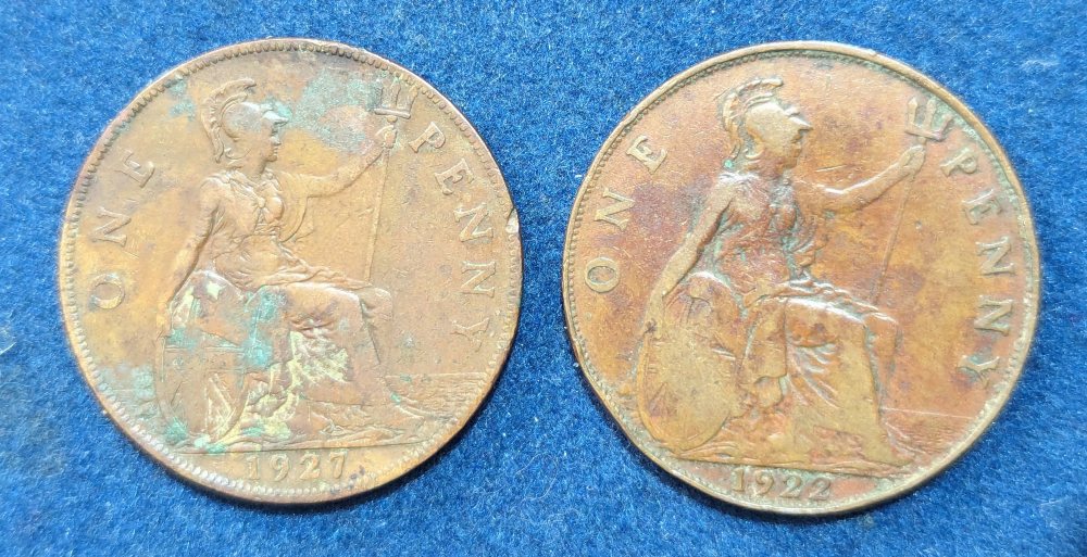 Geo V copper pennies: 1922 & 1927 (same reverse)