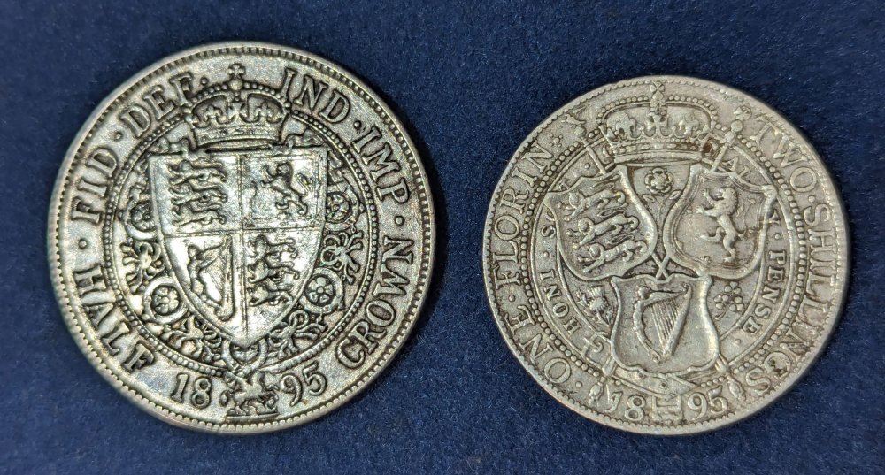 QV half crown, and 2s coins Old head, 1895