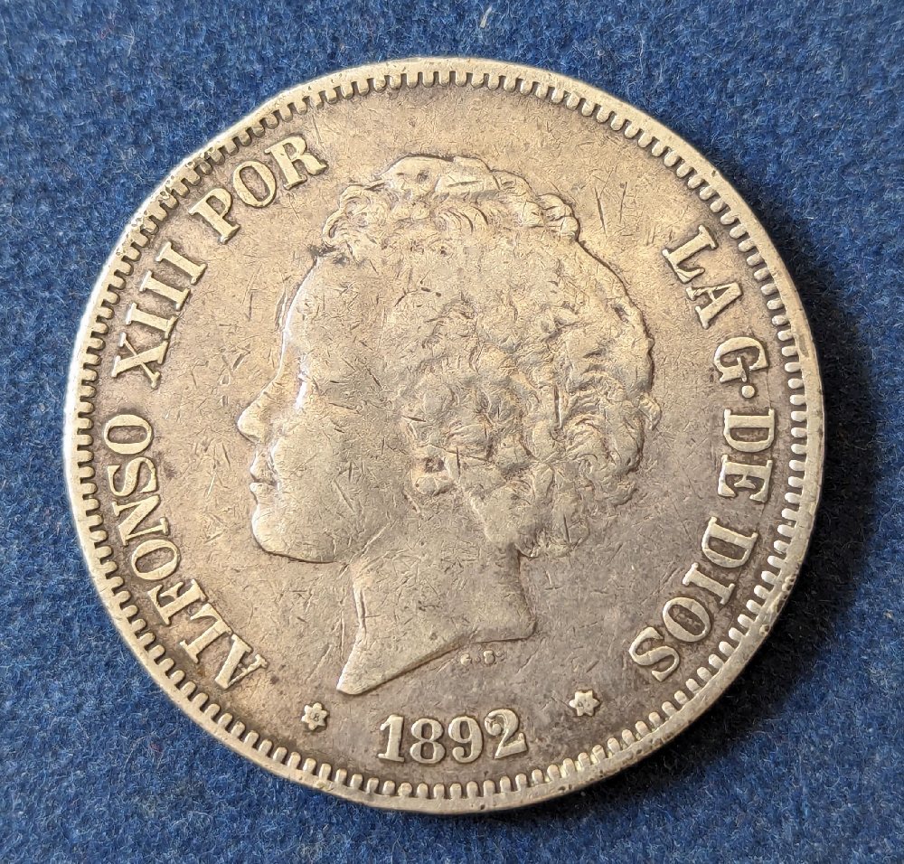 Spain Alfonso XIII silver coin, 5 pesetas, 1892