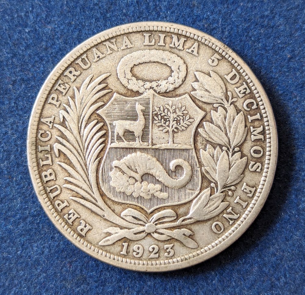 Republic of Peru silver coin, un sol, 1923