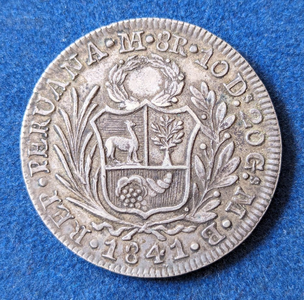 Rep of Peru silver coin, 8 reales, 1841