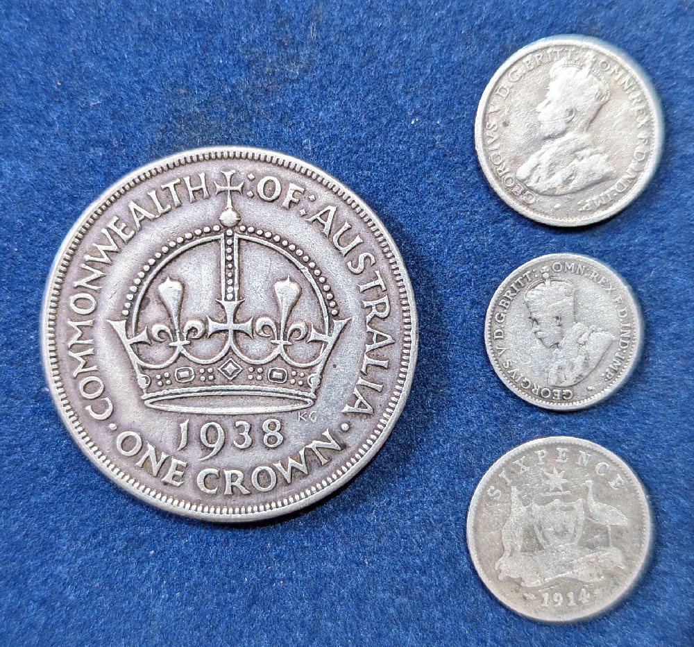 Australia silver coins: Geo VI crown, 1938; 6d - 1914 & 1923; 3d 1912