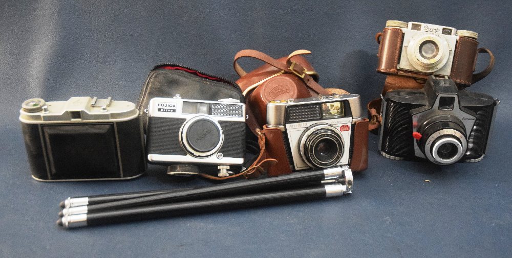 5 Old photo camera and tripod, Braun, Paxette, Fugika, and 2 others