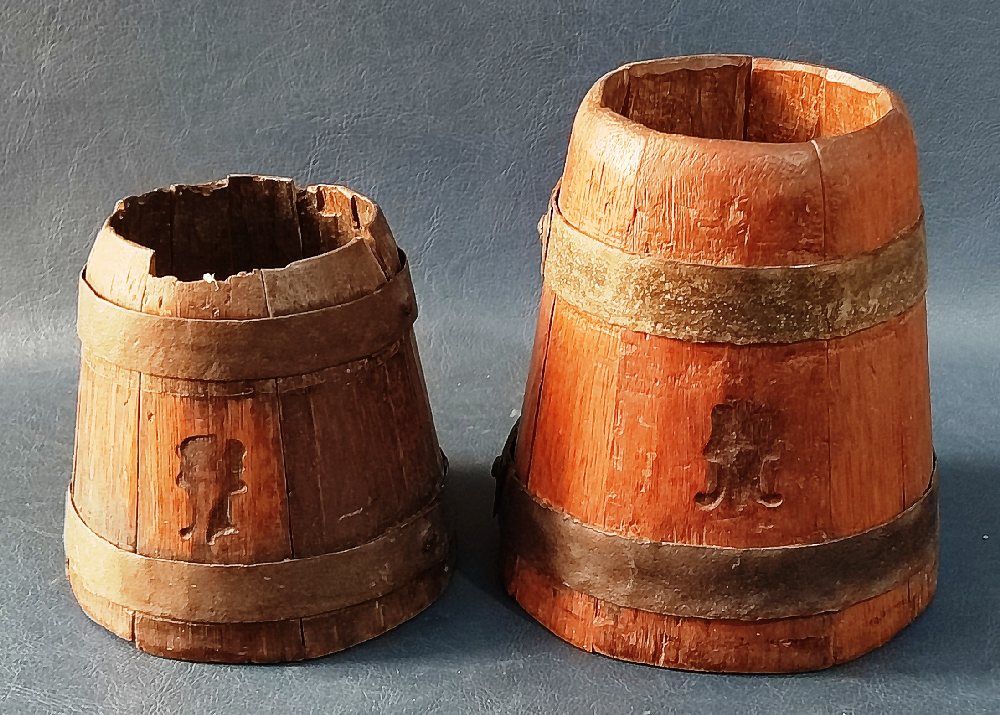 19th C. Wood and metal bound grain measure and another, both with burnt assay seal marks