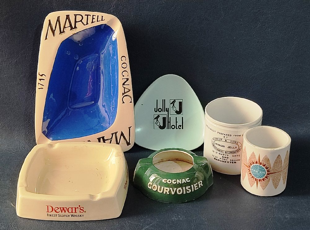 WHITE LABEL, MARTELL and COURVOISIER china ash trays; and 2 other advertising pieces