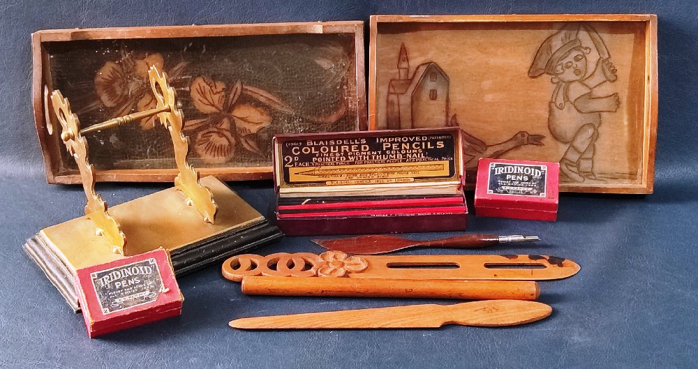 Brass pen rack; pencils, paper knives, 2 wood small trays, calendar