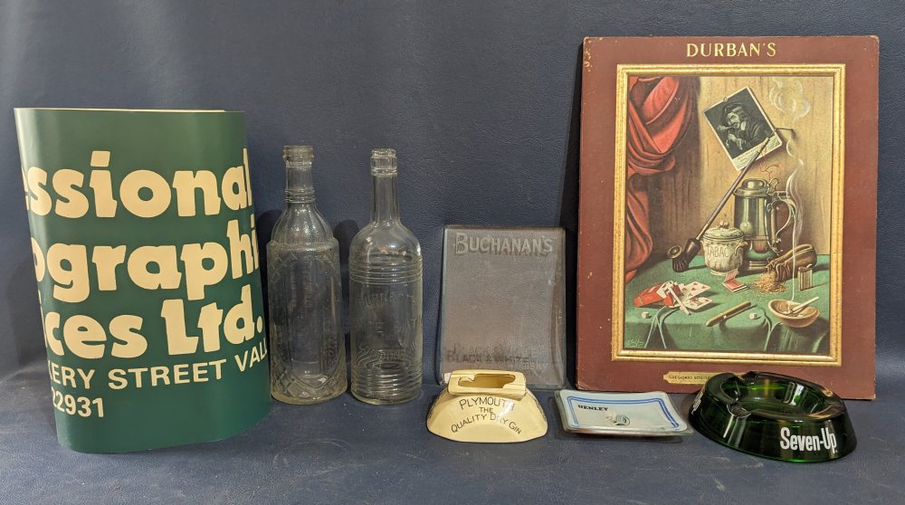 BUCHANAN'S Whisky glass advert; DURBAN's cardboard advert, 2 bottles and 3 ashtrays, etc