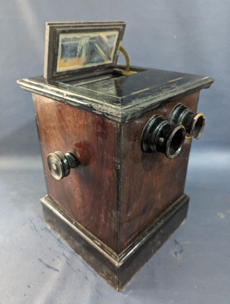 Late 19th C. Stereoscopic card viewer with multi card rack, manual rotator and hinged mirror