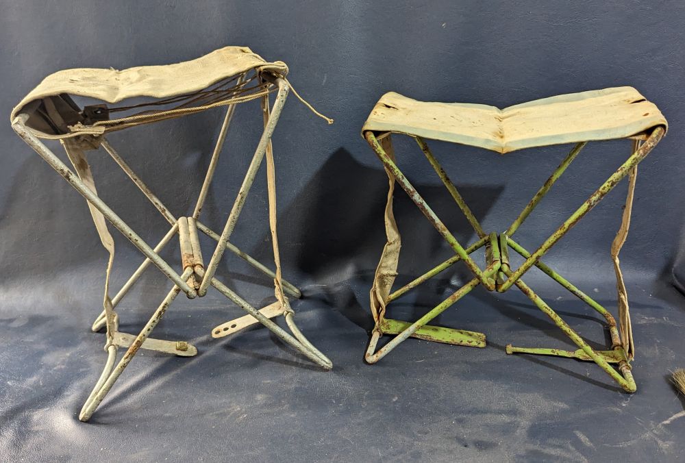 Steel and canvas portable folding stools, ca 1920