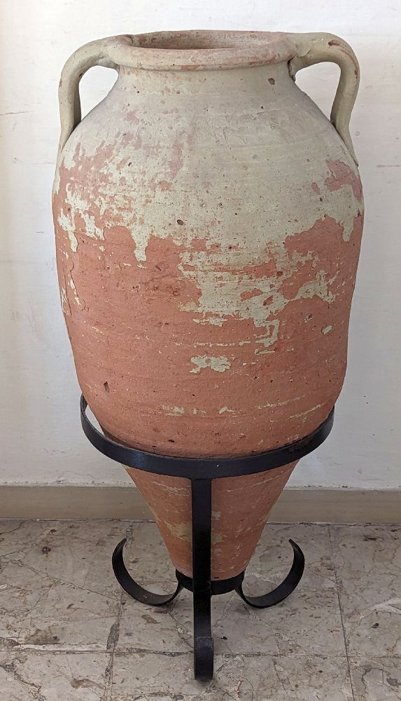 18/19th C. Earthenware large storage jar, 89cm, and iron stand