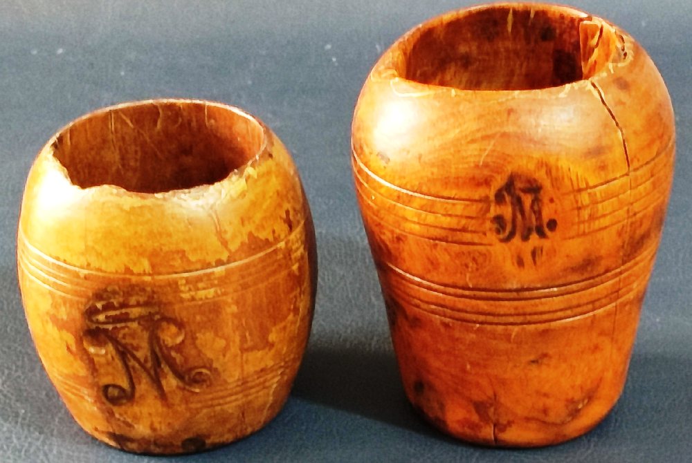 2, 19th C. Wood grain measures with burn seals