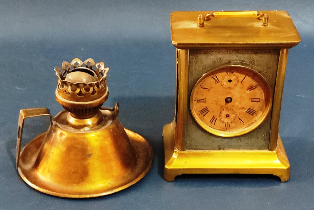 Early 20th C. Brass carriage clock and chamber paraffin lamp