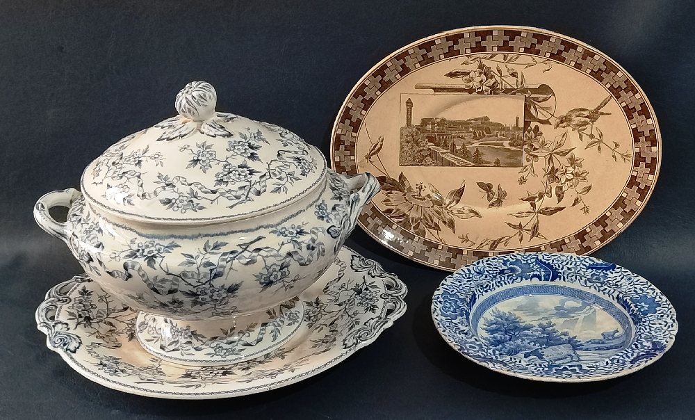 19th C. Blue & white china soup tureen & cover, with under plate, M & Co Mayflower; Primavesi brown 