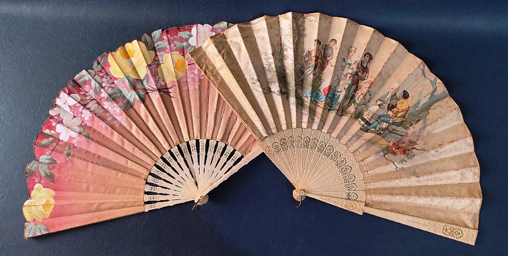 Ivory handle ladies fan with painted silk and another with silk printed scene