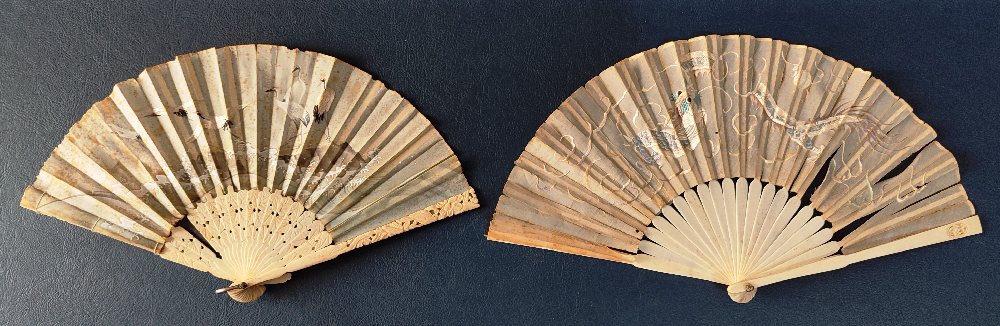 2, Japanese ivory handle ladies fans, painted and embroidered