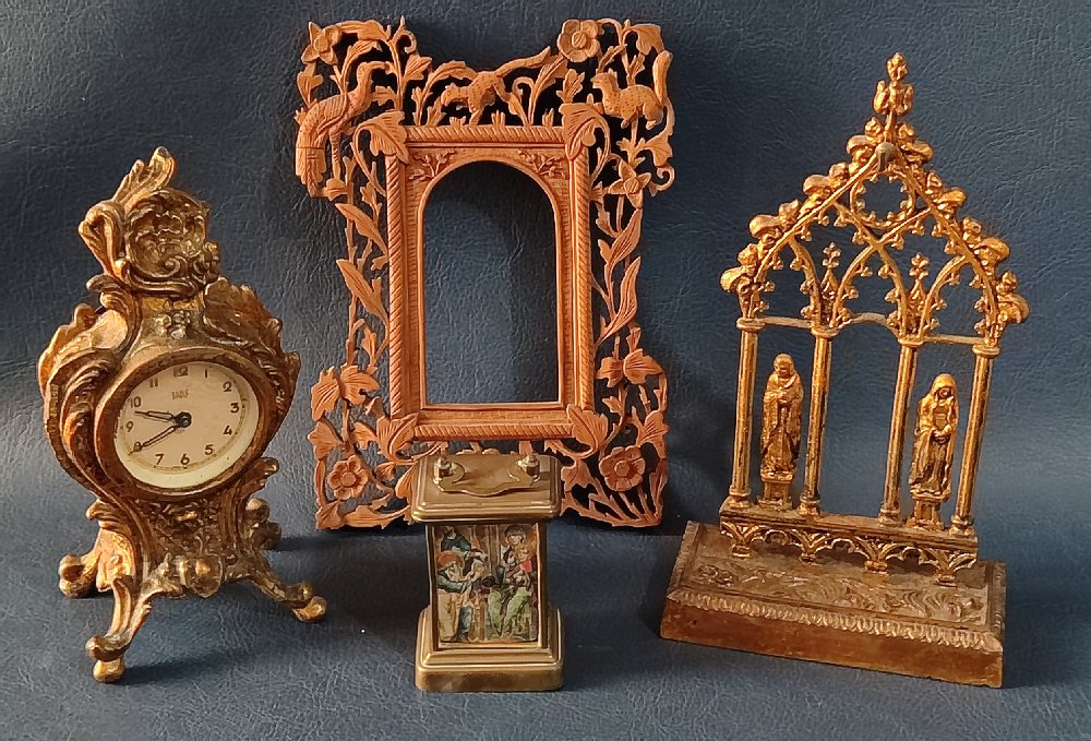 Carved wood small photo frame, Gothic brass ornament, 2 small clocks