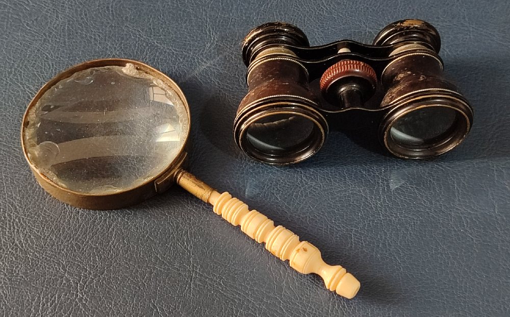 Early 20th C. pair leather opera glasses; magnifying glass with carved ivory handle