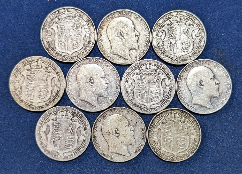 10, Edw VII half crowns, 1902, 1907, 1908, 1909