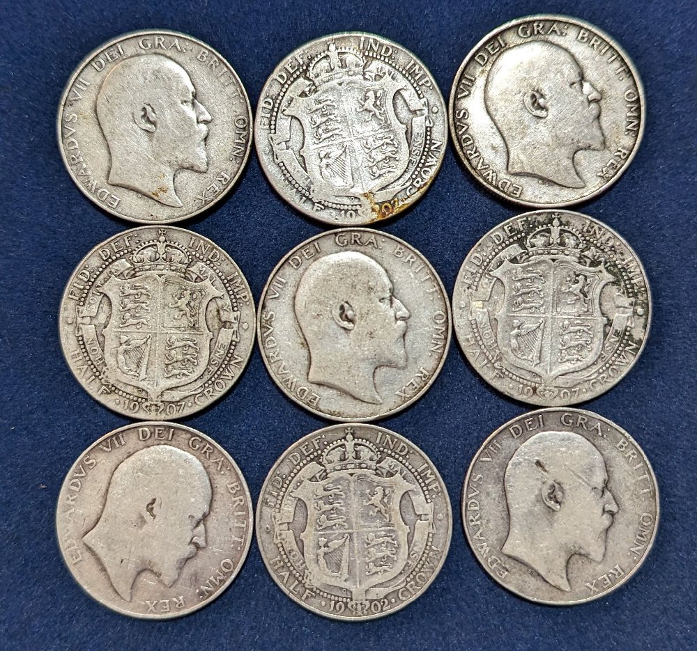 9, Edw VII half crowns, 1902, 1907, 1909, 1910