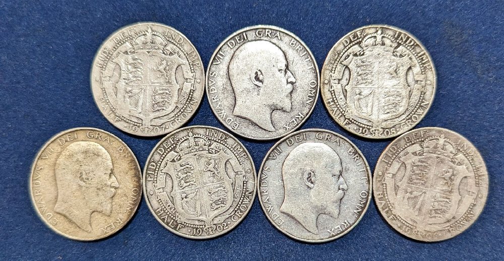 7, Edw VII half crowns, 1902, 1906, 1907, 1909