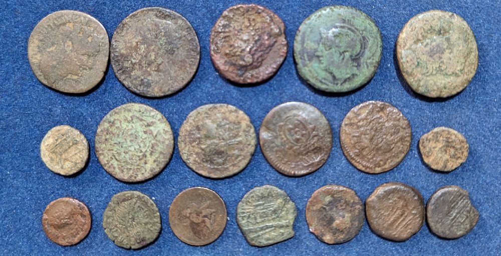 16, Roman & Greek bronze coins, assorted