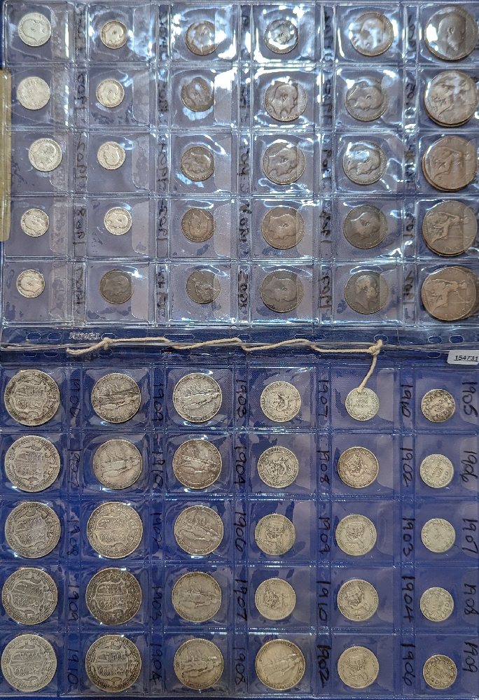 30 & 31, Edw VII assorted coins, 1d, 1/2d, 3d, 6d, 1/-, 2/-, 2/6d, 1902-1910 (2 sheets)