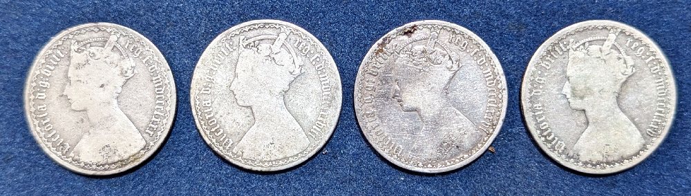 QV, silver florin, gothic, 1875, 1876, 1878, 1880 (4)