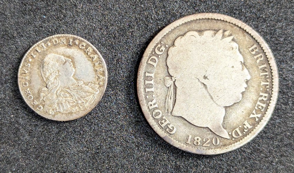 Geo III silver 2d, 1800 & shilling 1820 (2)