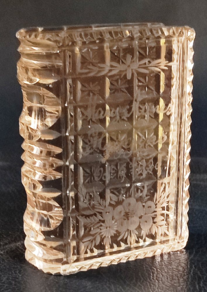 19th C. Crystal book shape paper weight with engraved inscription, dated 1889