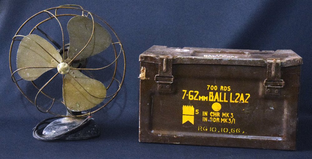 Military issue ammunition metal box, green; and an old fan