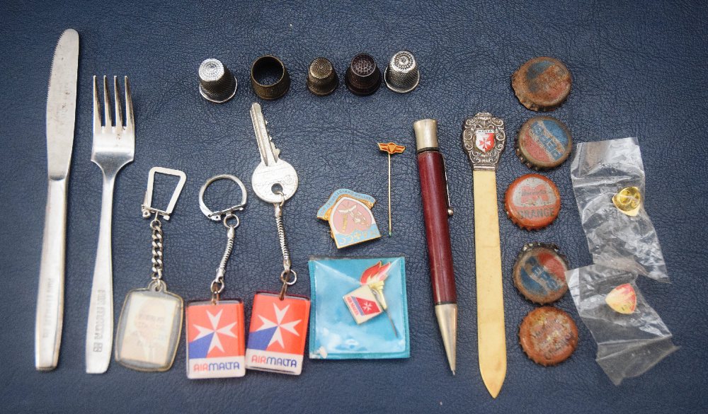 AIR MALTA mementos, bottle tops, pen, thimbles, pins etc