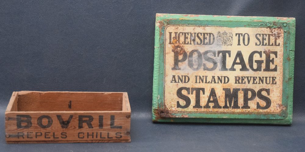 Licensed to sell Postage and Inland Revenue Stamps and BOVRIL Repels Chills wooden box