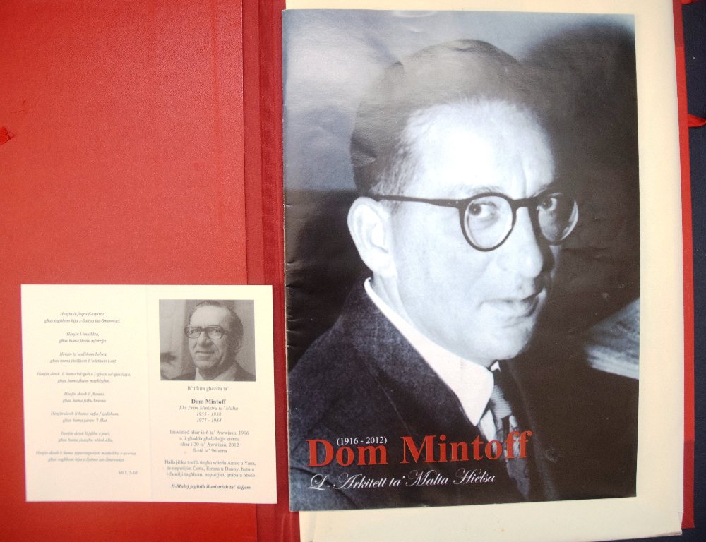 3 Dom Mintoff leaflets and in memorium card, in Red folder