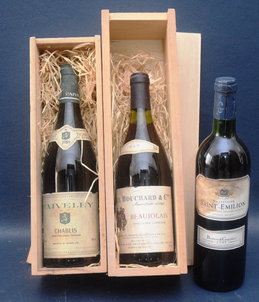 3, Wine bottles (Beaujolais, St. Emilion, Faiveley) 2 boxed