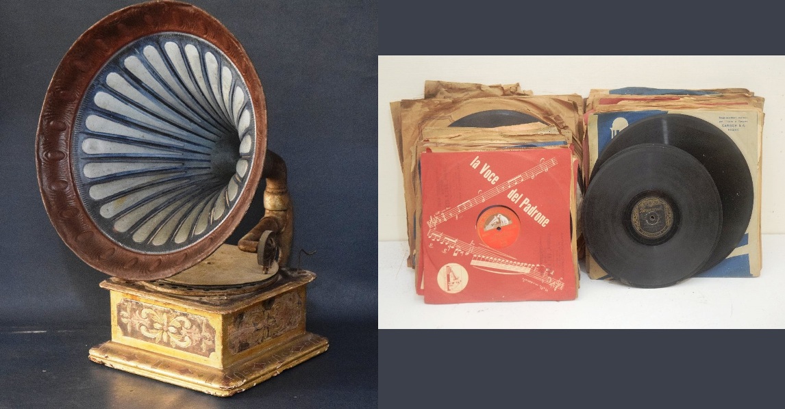 Early 20th C. Gramophone, gilt base with blue horn speaker; and a collection of 78rpm (70+)