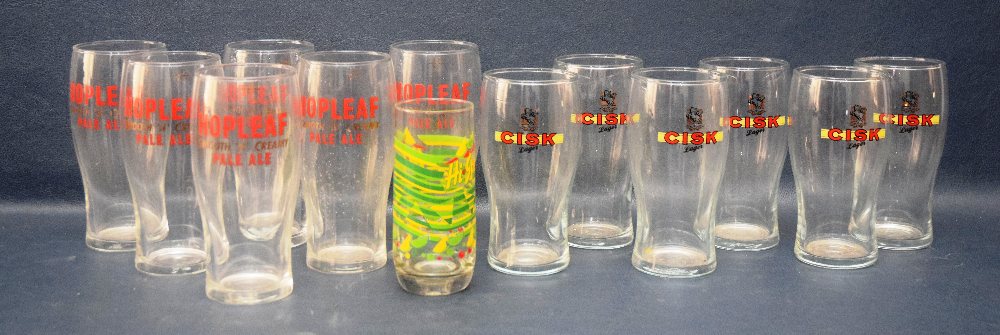 6, CISK & 6 HOPLEAF beer glasses and another Hi-Spot