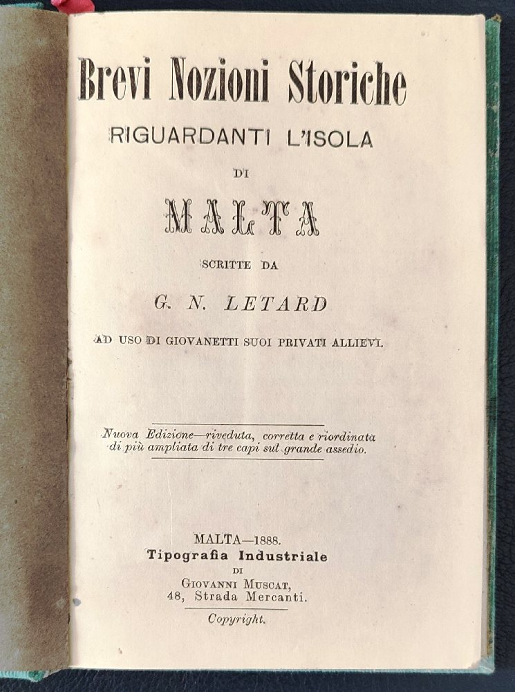 Letard G. N., Brevi Nozioni Storiche riguardanti l'Isola di Malta, 1888