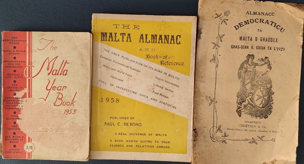 The Malta year book 1953; The Malta Almanac 1958; Almanacc Democraticu ta Malta u ghaudex 1929 (3)