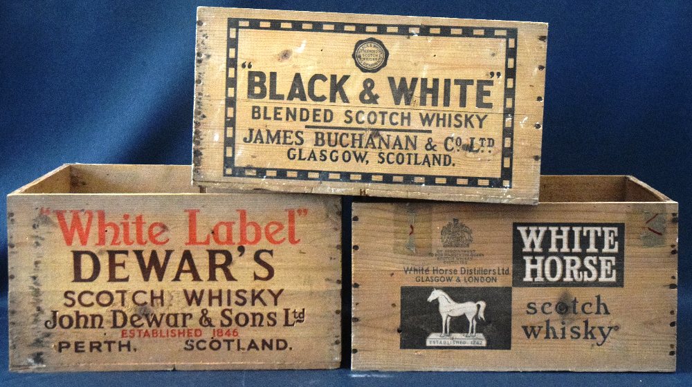 3, Wooden boxes / crates: NAAFI Black & White, White Label, White Horse Scotch whisky