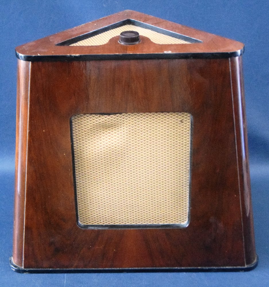 Corner veneered walnut speaker with volume knob, possible Rediffusion