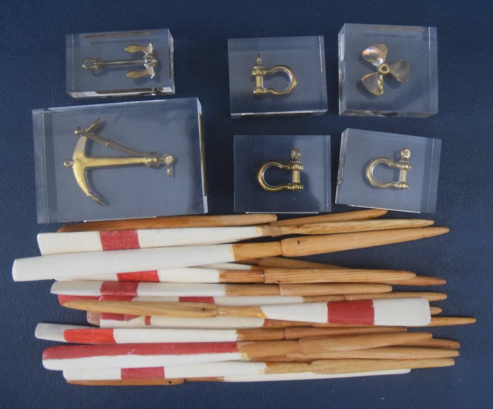 6, SEA MALTA Brass marine miniature objects in resin; and 20 miniature wood oars