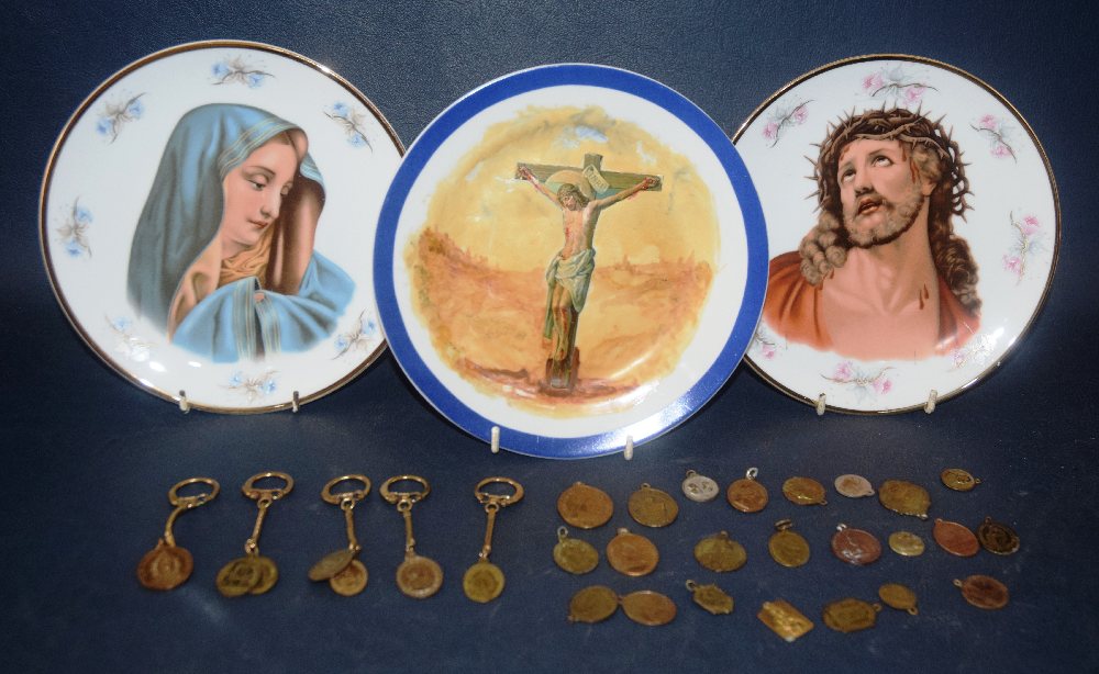 3 Porcelain plates (Religious themed) and collection of metal mementoes (domni)