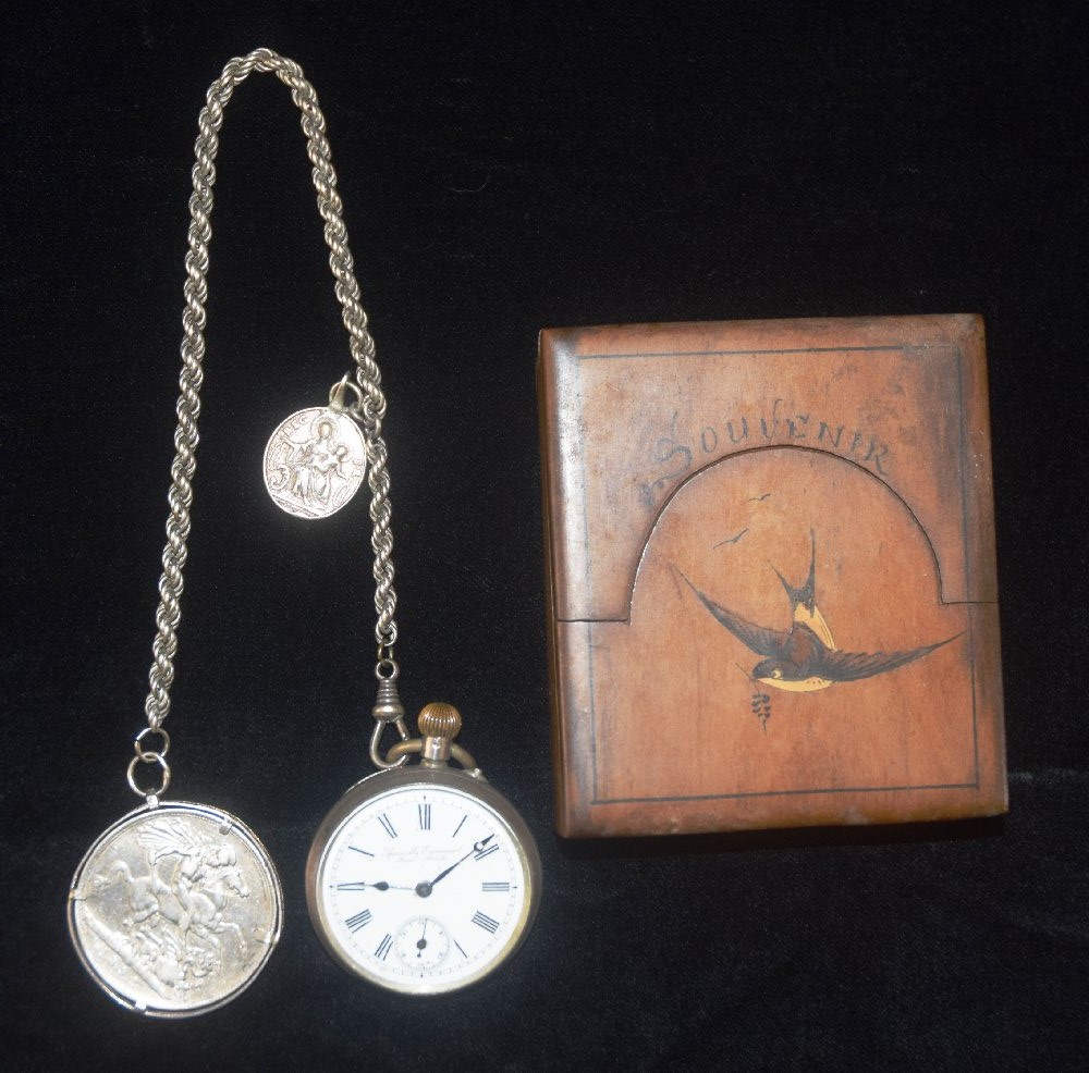 Early 20th C. silver fob watch with polka, set with QV crown, and Sorrento inlaid walnut watch stand