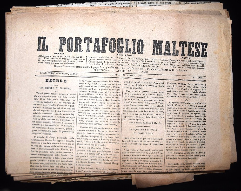 Malta early newspapers: Il Portafoglio; Malta Srtandard; Risorgimento; Corriere Mercantile etc