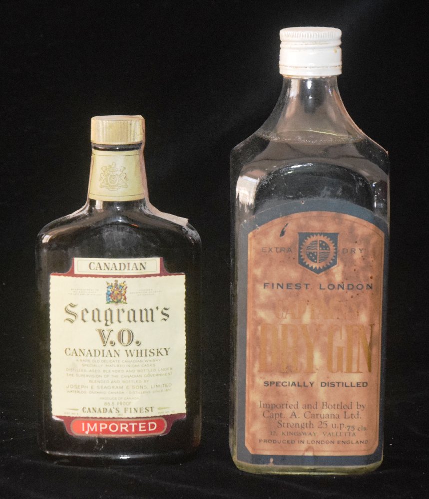 CAPTAIN'S Dry Gin 75cl bottle (Imported & bottled by Capt. Aa. Caruana Ltd - 60's) and SEAGRAM's Can